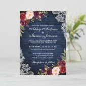 Invitation Mariage Rustique Bleu Bois Bourgogne Dentelle Flor (Debout devant)