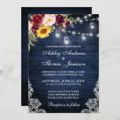 Invitation Mariage rustique Bleu Bois Jars Lumières Dentelle  (Devant / Derrière)
