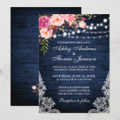 Invitation Mariage Rustique Bleu Bois Lumières Dentelle Flora (Devant / Derrière)