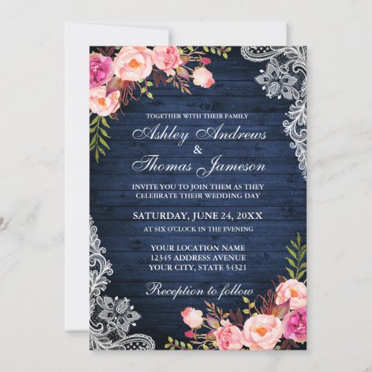 Invitation Mariage Rustique Bleu Bois rose dentelle florale (Devant)