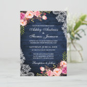 Invitation Mariage Rustique Bleu Bois rose dentelle florale (Debout devant)