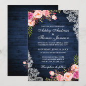Invitation Mariage Rustique Bleu Bois rose dentelle florale (Devant / Derrière)