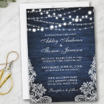 Invitation Mariage Rustique Bleu Chaîne de  Lumières Dentelle<br><div class="desc">Faire-part de mariage de dentelle rustique en bois bleu</div>