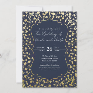 Invitation Mariage rustique bleu Fleur de Baby's Breath doré