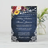 Invitation Mariage rustique Bleu Lumières dentelle Floral (Debout devant)
