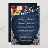 Invitation Mariage rustique Bleu Lumières dentelle Floral (Devant / Derrière)