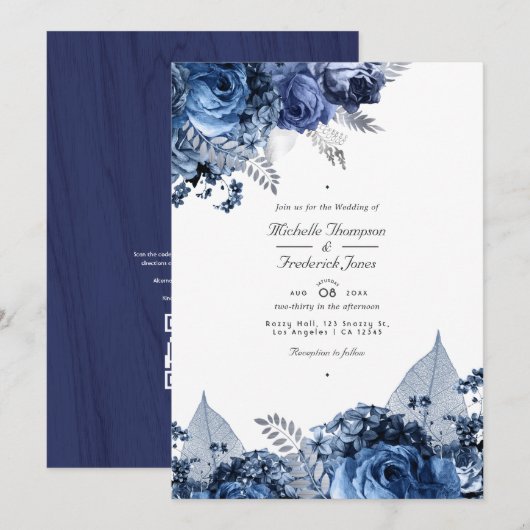 Invitation Mariage Rustique Bleu Marine & Blanc avec QR Code  (Devant / Derrière)