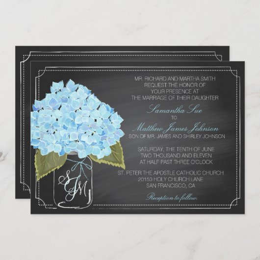 Invitation Mariage rustique Blue Hydrangea Chalkboard (Devant / Derrière)