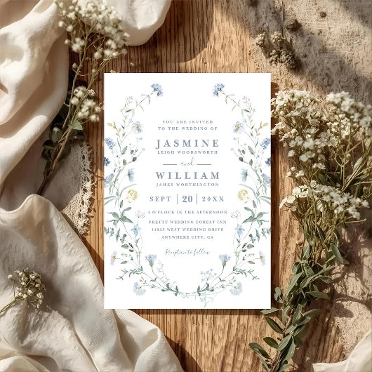 Invitation Mariage Rustique Bohème Code QR Fleur Sauvage Bleu