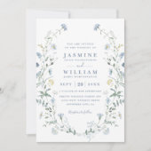 Invitation Mariage Rustique Bohème Code QR Fleur Sauvage Bleu (Devant)