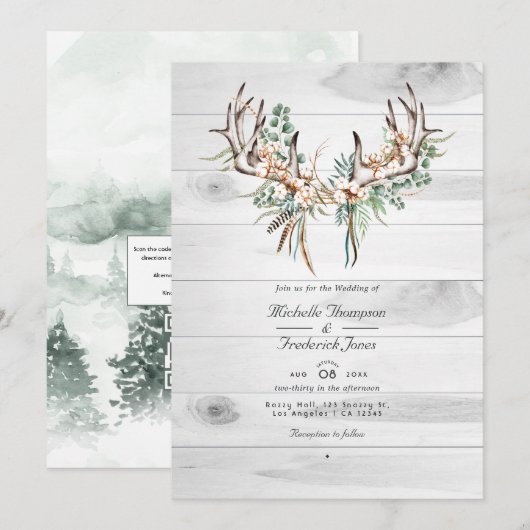 Invitation Mariage Rustique Boho Code QR Coton et Eucalyptus (Devant / Derrière)