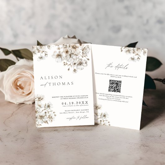 Invitation Mariage Rustique Boho Crème Code QR Floral