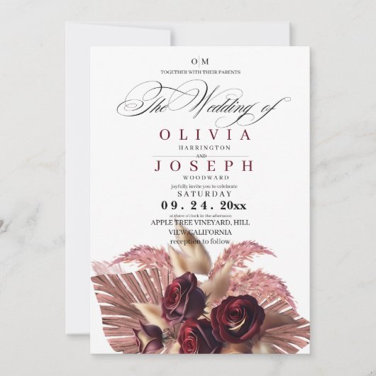 Invitation Mariage rustique Boho Floral Bourgogne (Devant)