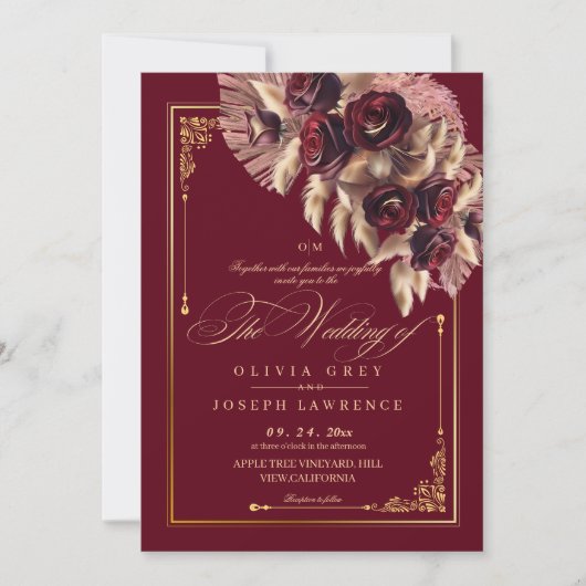 Invitation Mariage rustique Boho Floral Or Bourgogne (Devant)