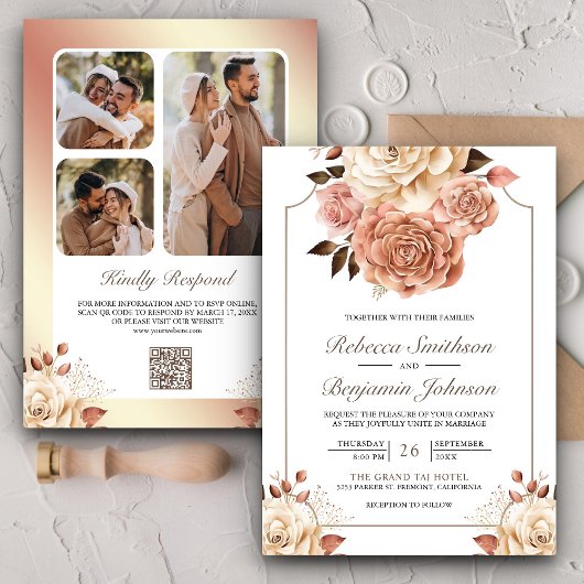 Invitation Mariage Rustique Boho Rose Gold Ivoire Code QR Flo