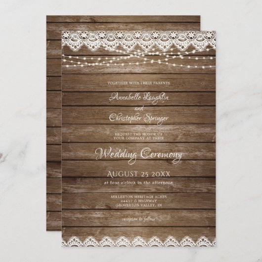 Invitation Mariage Rustique Bois blanc dentelle Lumières (Devant / Derrière)