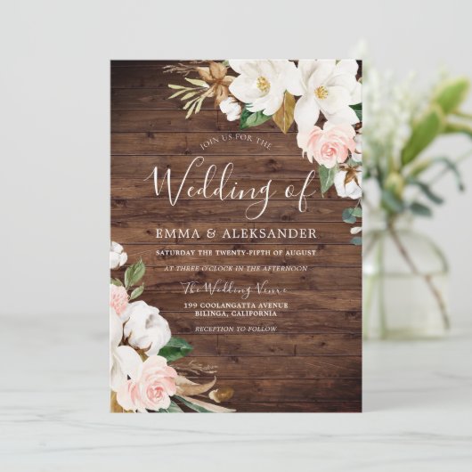 Invitation Mariage Rustique Bois Blush & Fleurs Blanches (Debout devant)