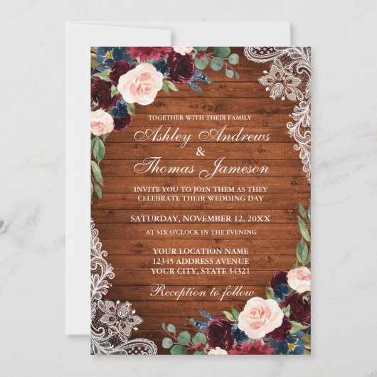 Invitation Mariage rustique Bois Bourgogne Bleu Floral Invita (Devant)