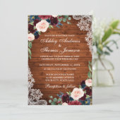 Invitation Mariage rustique Bois Bourgogne Bleu Floral Invita (Debout devant)