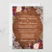 Invitation Mariage Rustique Bois Bourgogne Floral Dentelle In (Devant)