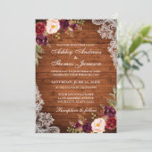 Invitation Mariage Rustique Bois Bourgogne Floral Dentelle In (Debout devant)