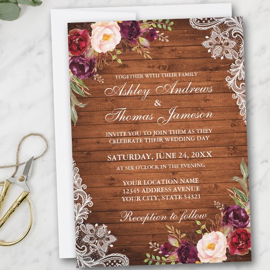 Invitation Mariage Rustique Bois Bourgogne Floral Dentelle In