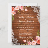Invitation Mariage Rustique Bois Coral Floral dentelle Invit (Devant)