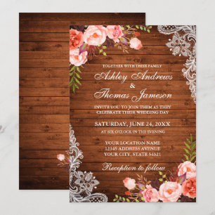 Invitation Mariage Rustique  Bois Coral Floral dentelle Invit
