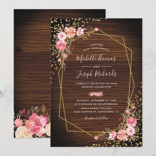 Invitation Mariage rustique bois géométrique or rose floral (Devant / Derrière)