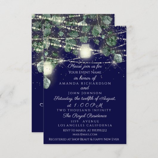 Invitation Mariage Rustique Bois Golden Jar Lumières Bleu Mar (Devant / Derrière)