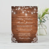 Invitation Mariage rustique Bois Jar Chaîne Lumières Dentelle (Debout devant)