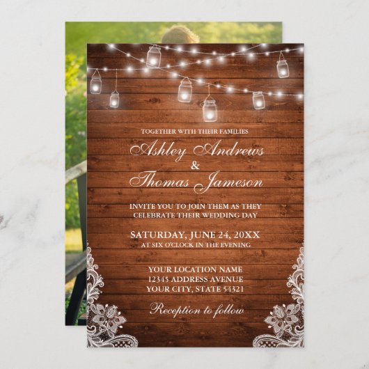 Invitation Mariage rustique Bois Jar Chaîne Lumières Dentelle (Devant / Derrière)