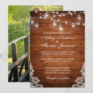 Invitation Mariage rustique Bois Jar Chaîne Lumières Dentelle
