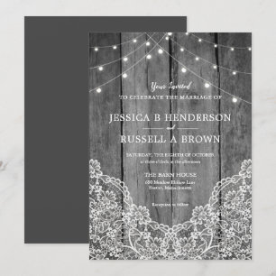 Invitation Mariage Rustique Bois Lumière Broderie B&W