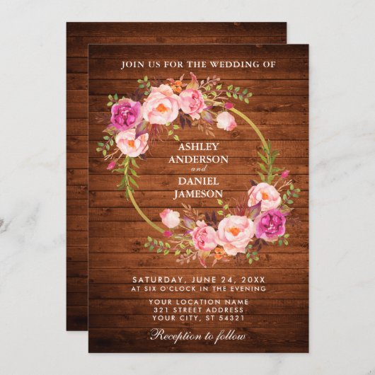 Invitation Mariage rustique Bois rose Floral Wreath Invitatio (Devant / Derrière)