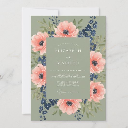 Invitation Mariage rustique botanique de corail vert sauge (Devant)