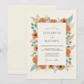 Invitation Mariage rustique botanique orange (Devant / Derrière)