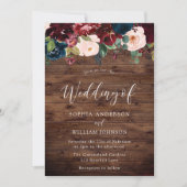 Invitation Mariage rustique : Bourgogne, Navy & Blush Flower (Devant)