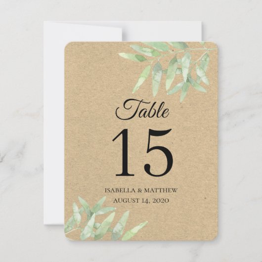 Invitation Mariage rustique. Branche d'olive. Numéros de tabl (Devant)