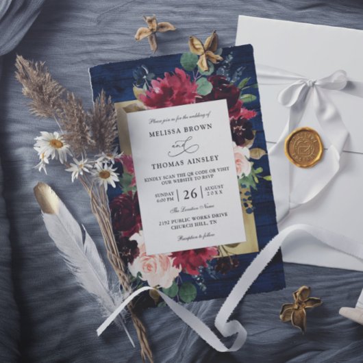 Invitation Mariage Rustique Budget Code QR Bleu Marine Bourgo
