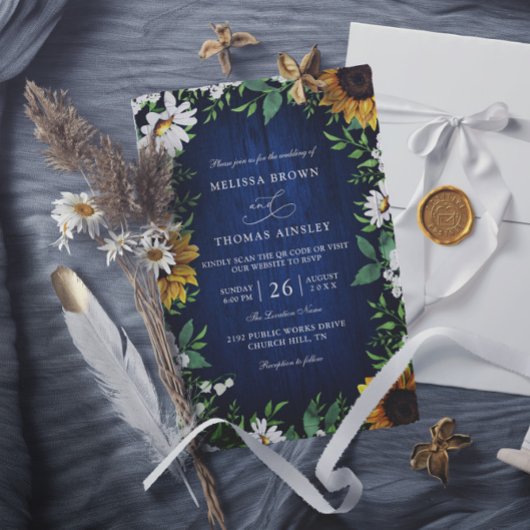 Invitation Mariage Rustique Budget Code QR Tournesol Bleu Mar