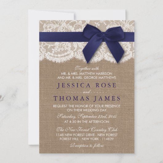 Invitation Mariage rustique Burlap, dentelle, ruban et bow -  (Devant)