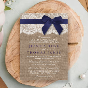 Invitation Mariage rustique Burlap, dentelle, ruban et bow - 