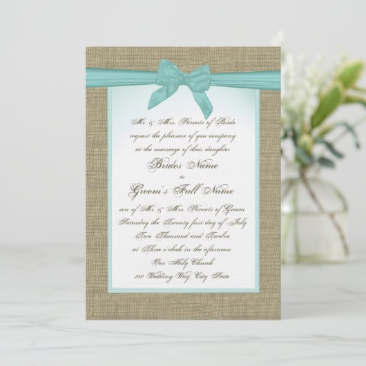 Invitation Mariage rustique Burlap et Aqua Bow (Debout devant)