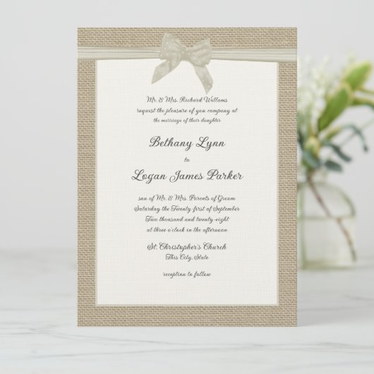 Invitation Mariage rustique Burlap et Bow (Debout devant)