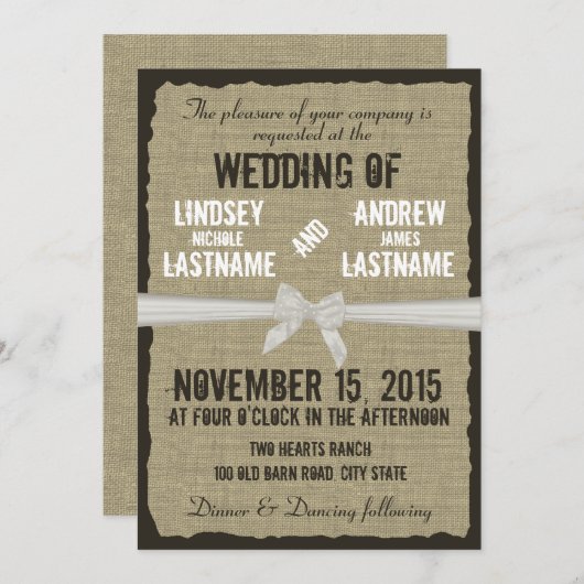 Invitation Mariage rustique Burlap et Bow (Devant / Derrière)