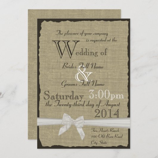 Invitation Mariage rustique Burlap et Bows (Devant / Derrière)