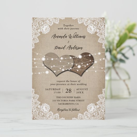 Invitation Mariage Rustique Burlap Lace (Debout devant)