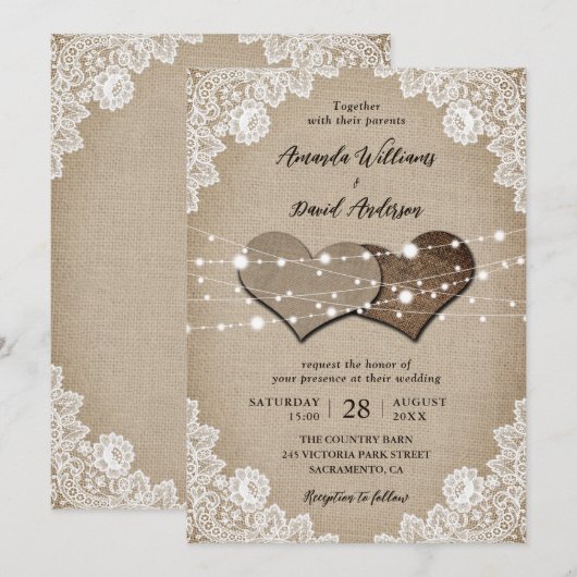 Invitation Mariage Rustique Burlap Lace (Devant / Derrière)