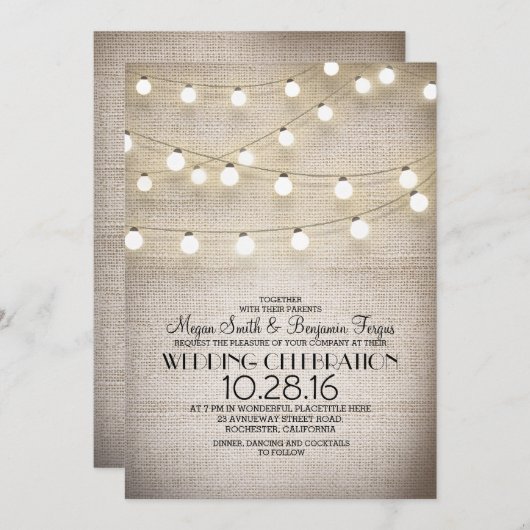 Invitation Mariage Rustique Burlap Lace et String Lights (Devant / Derrière)